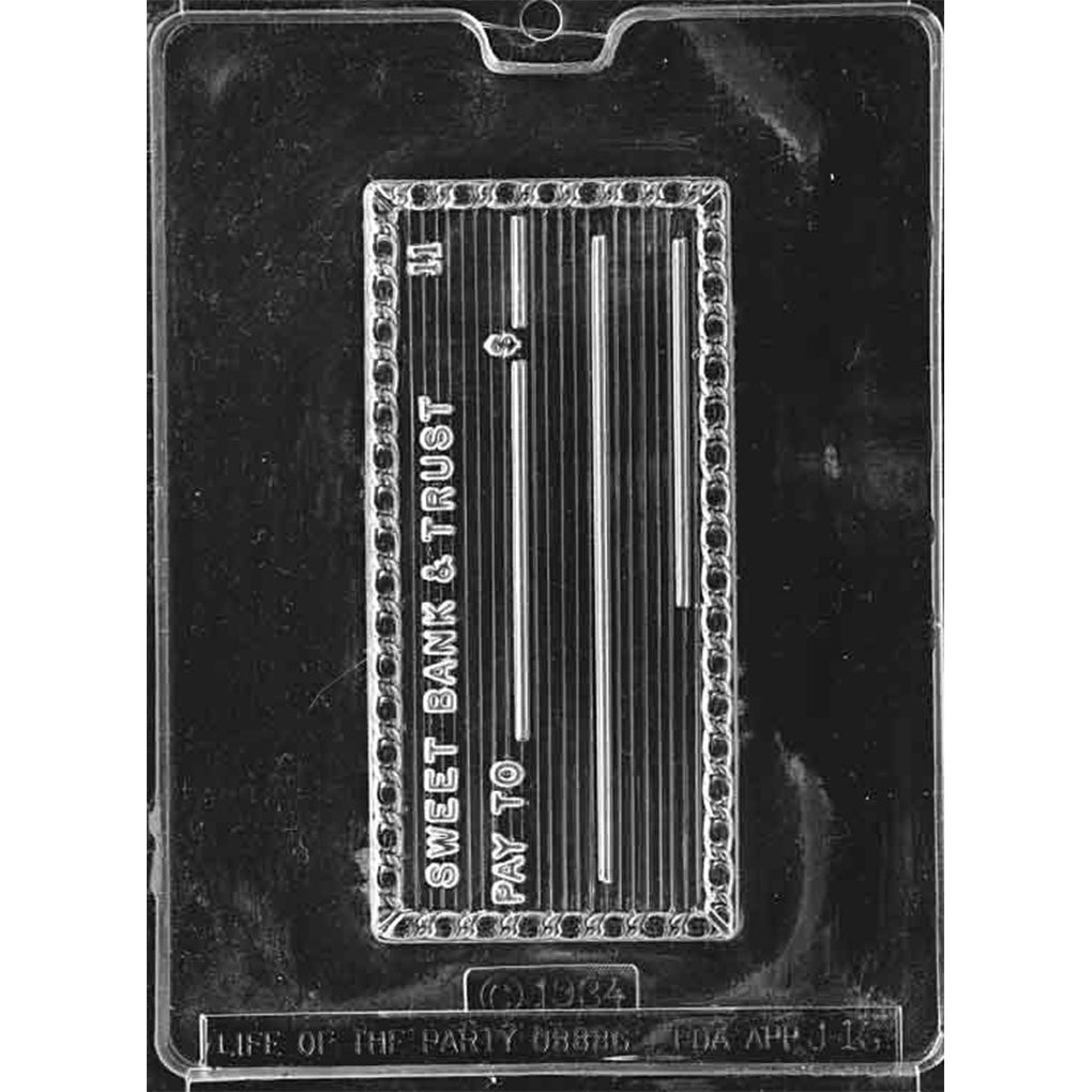 Clear Blank Check Chocolate Mold photographed against a black background with one bank check cavity, Sweet Bank and Trust text, and writing lines