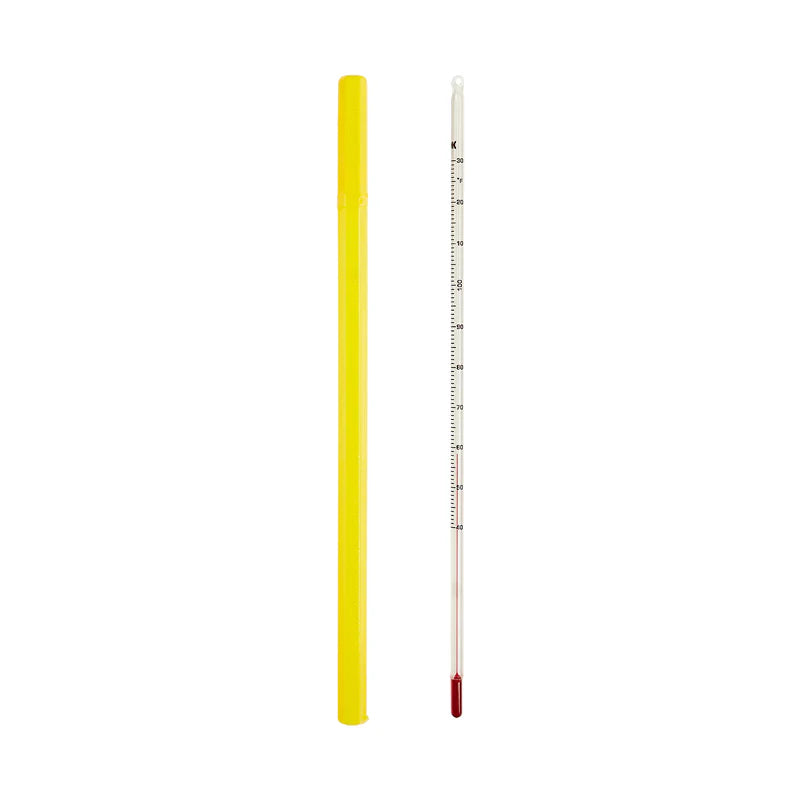 Chocolate thermometer next to its yellow case, both laid flat on a white background.