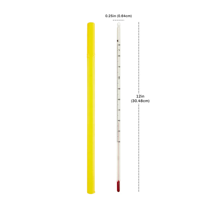 Chocolate tempering thermometer and yellow case with measurement indicators showing 12 inches (30.48 cm) in length and 0.25 inches (0.64 cm) in diameter.