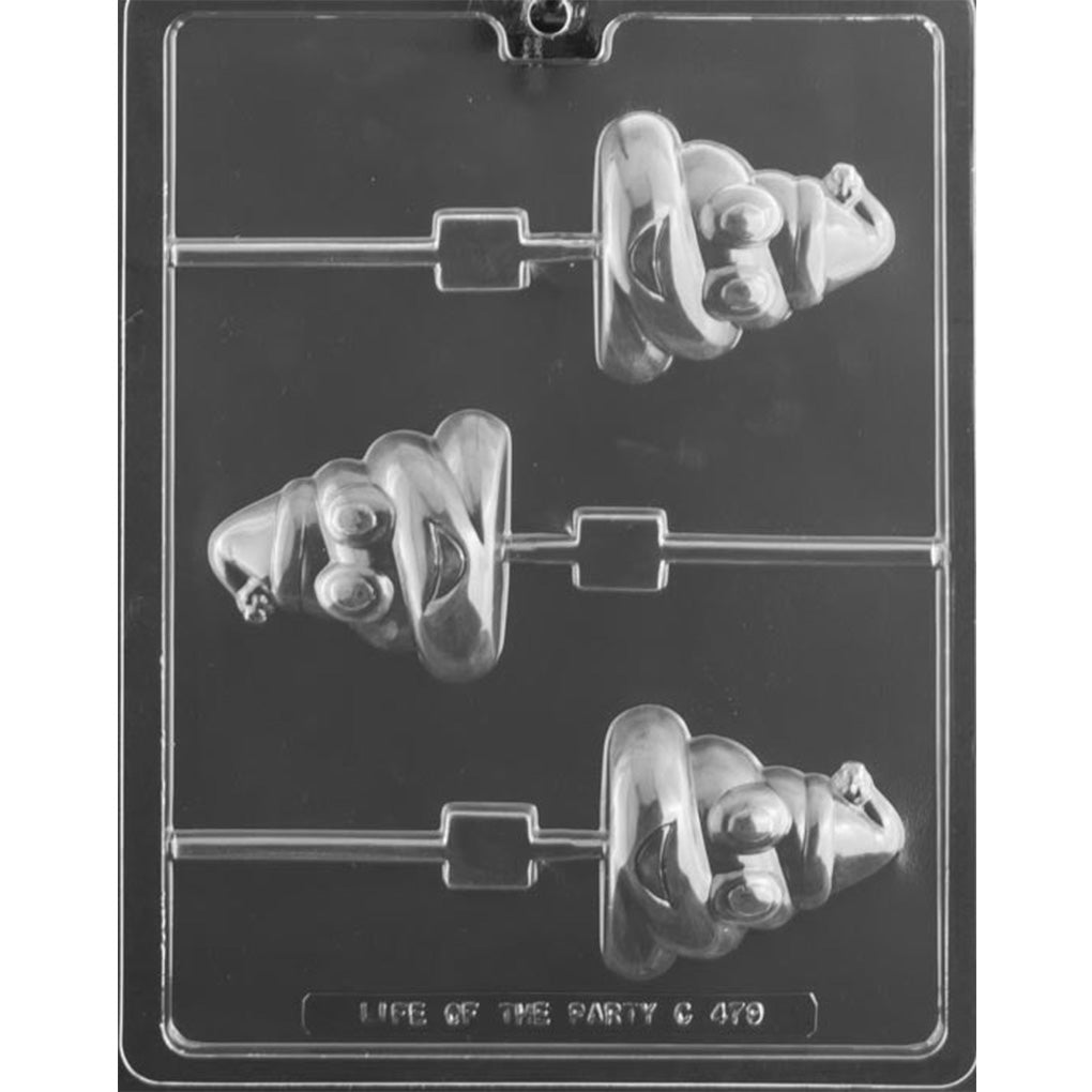 Clear chocolate lollipop mold with three smiling poop-shaped holiday characters featuring big round eyes, grinning mouths, and Santa-style hats with straight stick channels.