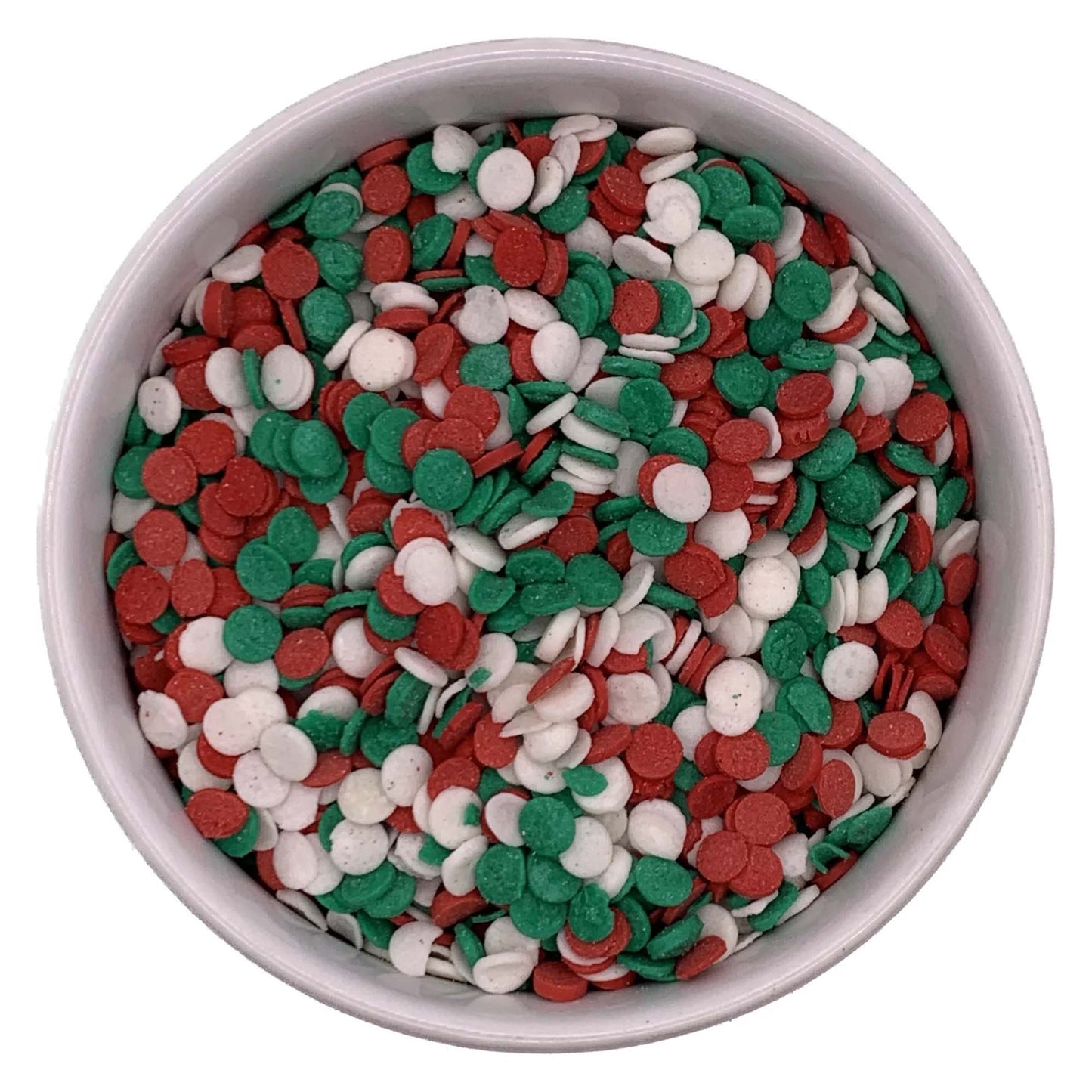 Bowl of red, green, and white edible sequin sprinkles for Christmas-themed dessert decorating, sold in a 4 oz container.