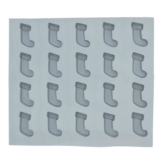 Full sheet of Christmas stocking rubber mint molds featuring 20 cavities for festive treat making
