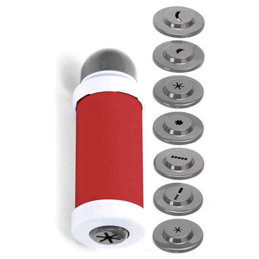 Churro press with all 8 nozzle tips displayed beside it.