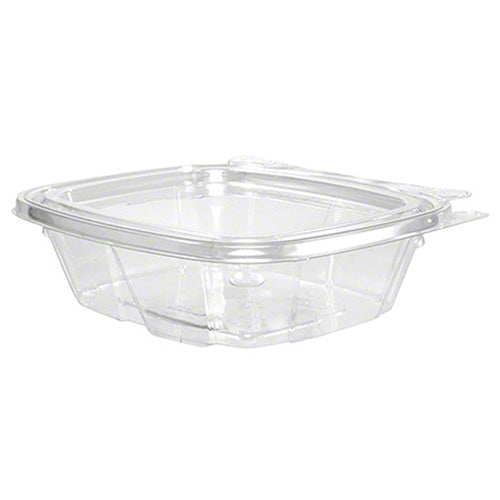 Clear hinged tamper-evident plastic container with attached lid on a white background.