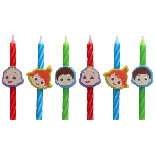 Set of six CoComelon birthday candles with JJ, Nico, and TomTom character toppers on red, blue, and green spiral candles, arranged in a straight row.