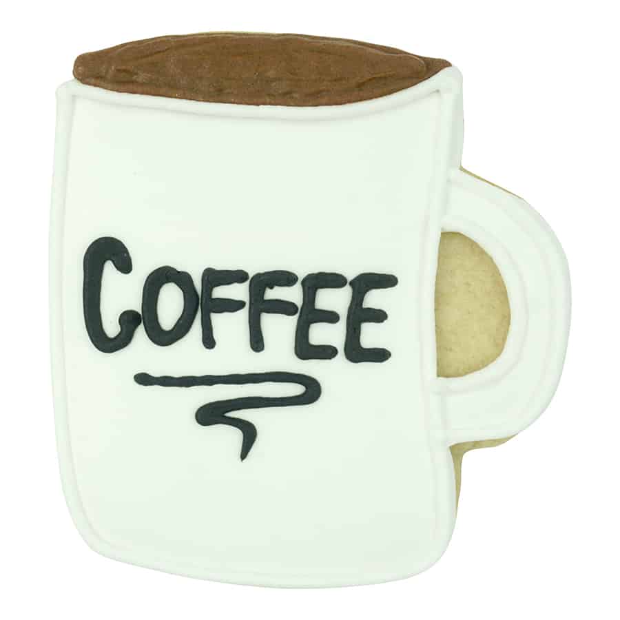 Coffee mug-shaped cookie with white icing, a brown top, and "COFFEE" written in black.