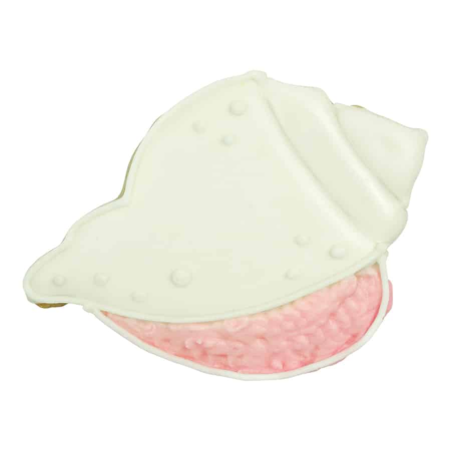 Decorated conch shell cookie with white and pink icing, mimicking a real seashell.