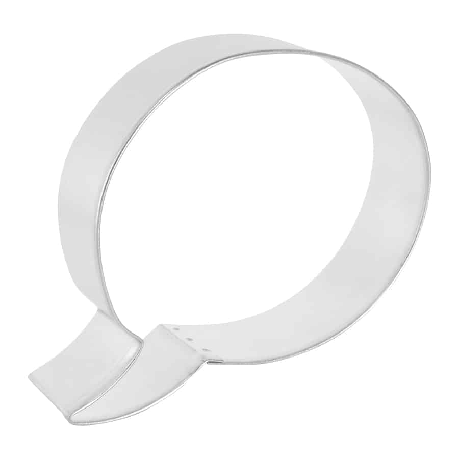 Side angle view of a conversation bubble cookie cutter, showing its depth and smooth edges.