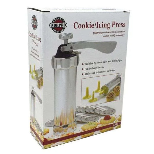 Boxed cookie press set showing all included components.