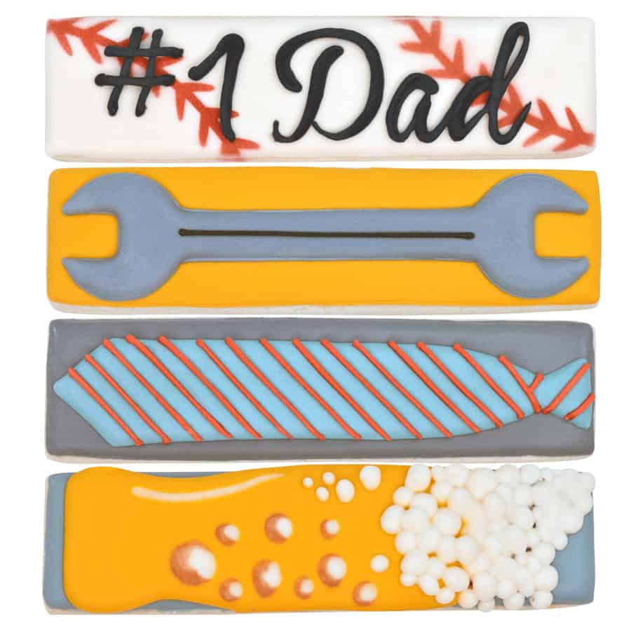 Father’s Day-themed decorated cookie sticks featuring a wrench, tie, and "#1 Dad" design.