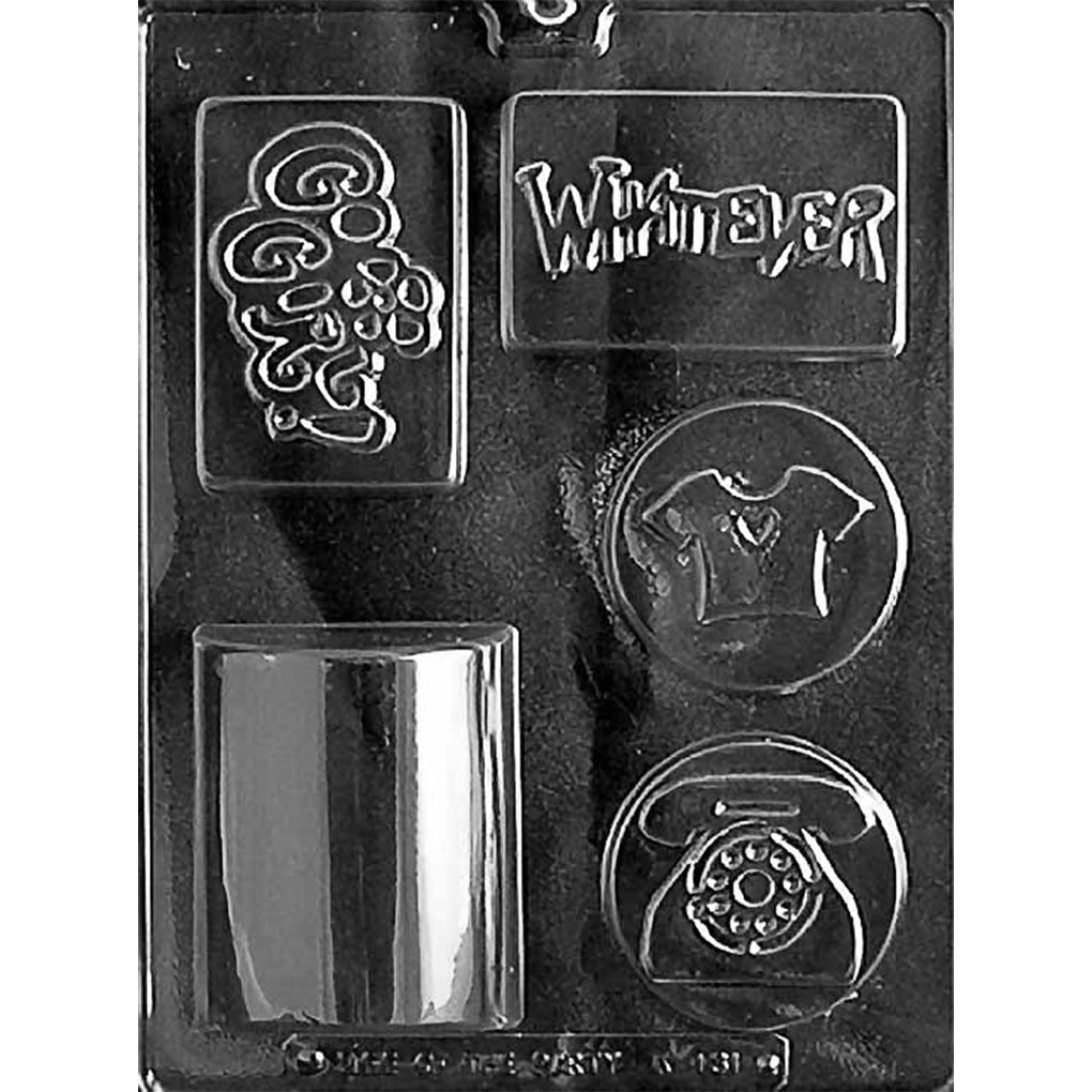 Clear Cool Bar Assortment Chocolate Mold with five cavities featuring Go Girl, Whatever, a heart T-shirt, a rotary phone, and a domed loaf