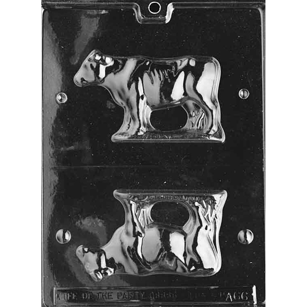 Clear plastic 3D chocolate mold with two cow half cavities designed to be cut apart and used together to create a standing cow chocolate figure.