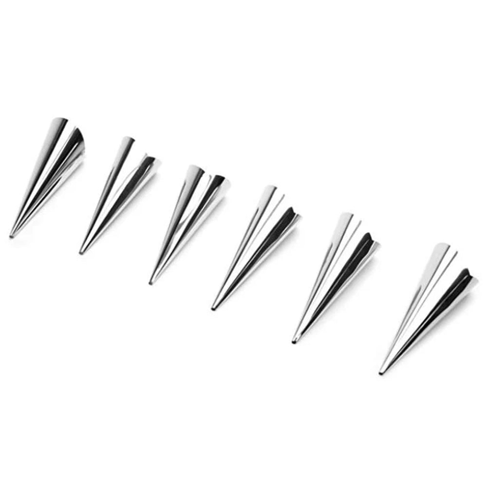 Set of six silver cone-shaped cream horn molds arranged on a white background.