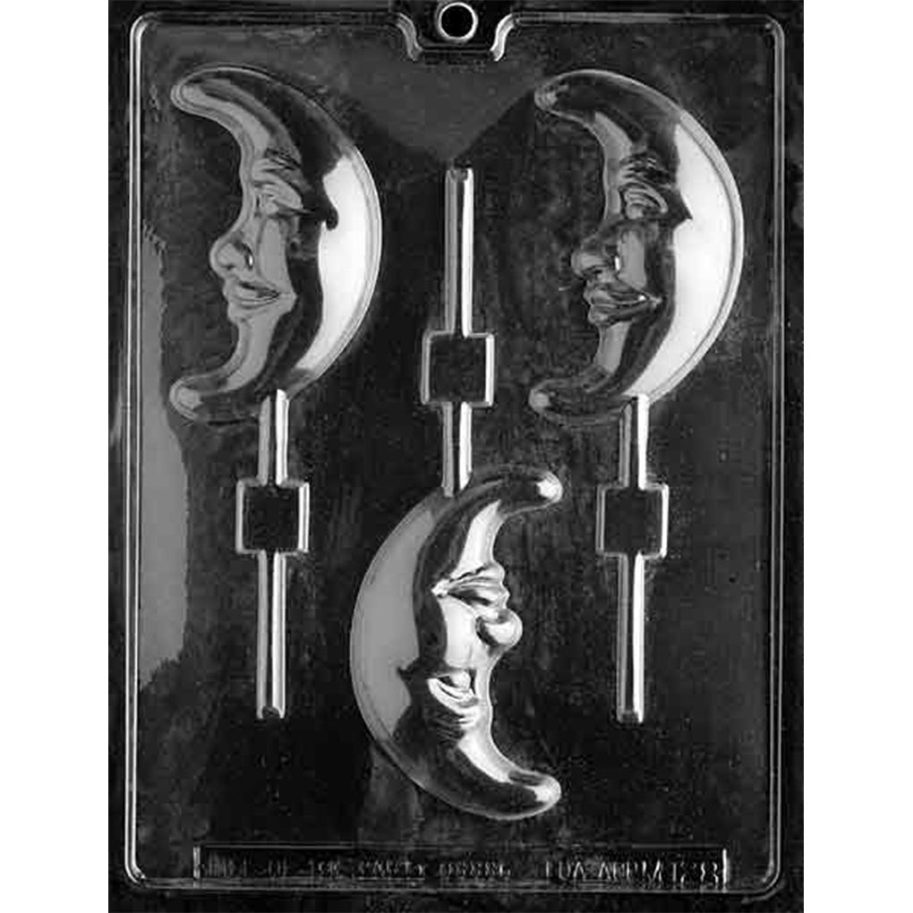 Clear Crescent Moon Face Chocolate Lollipop Mold with three smiling moon cavities featuring profile faces and stick slots