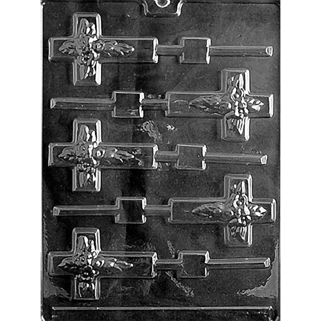 Clear Cross Chocolate Lollipop Mold photographed against a black background with five cross-shaped cavities featuring floral center details and built-in stick channels.