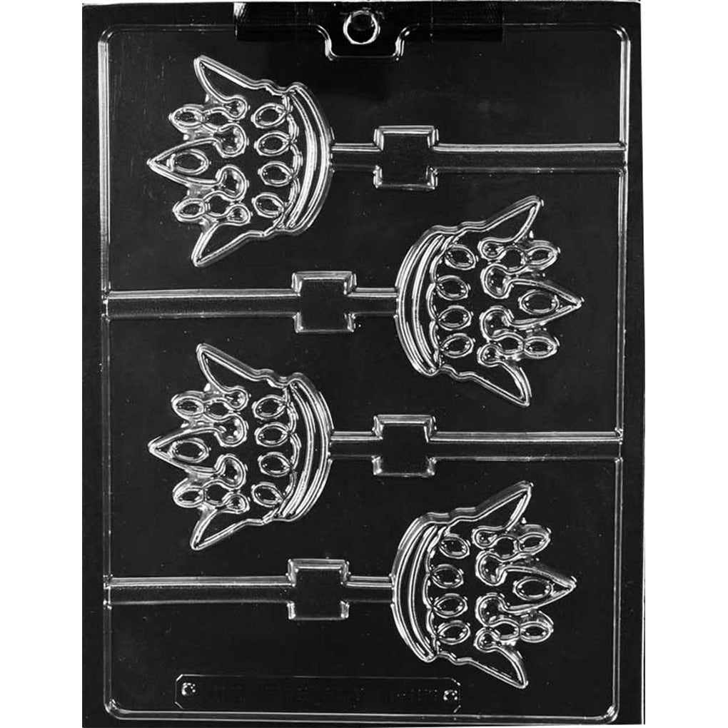 Four-cavity crown chocolate lollipop mold with pointed tops, raised oval and teardrop jewels, banded bases, and alternating stick channels.