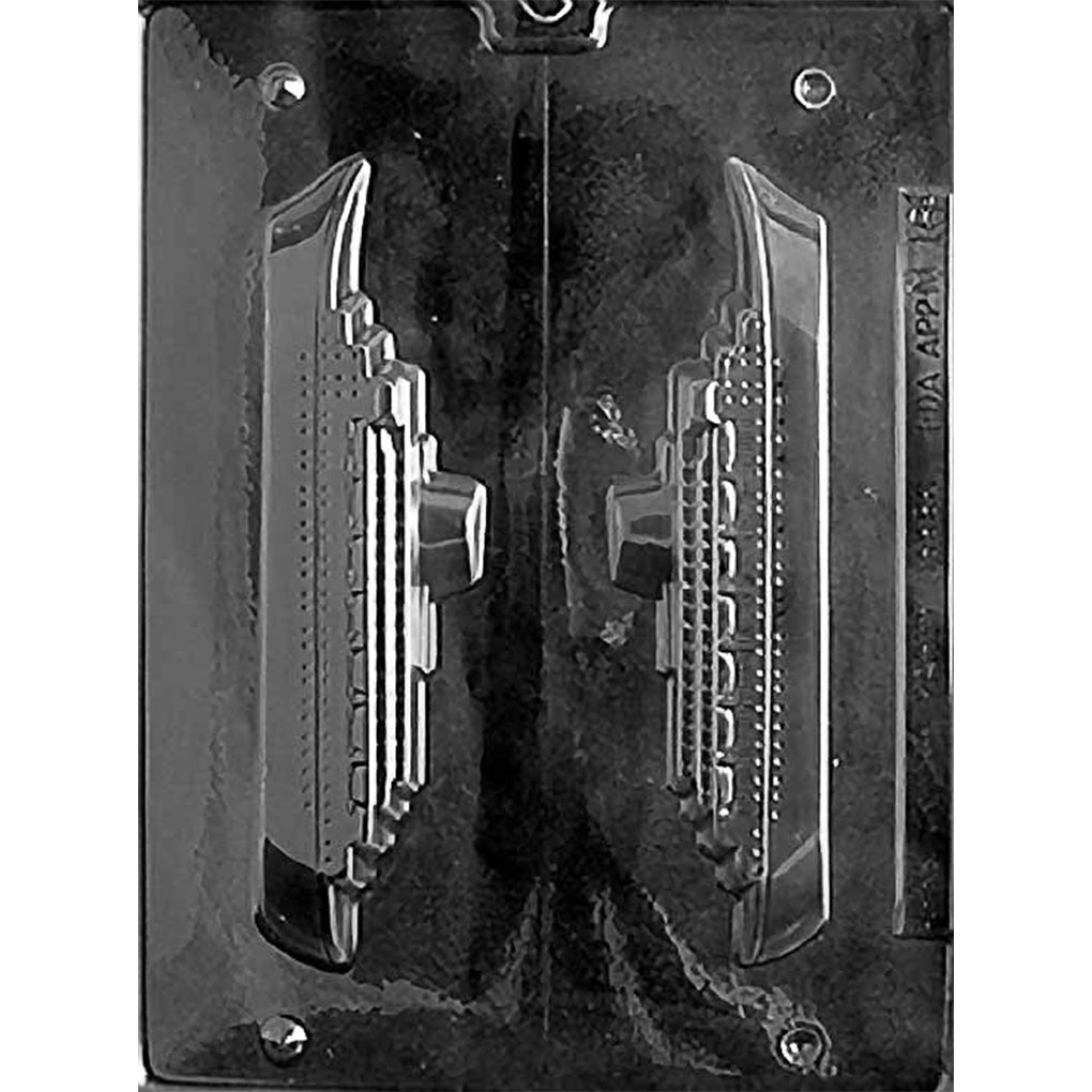 Clear two-part chocolate mold featuring mirrored cruise ship halves with raised decks, rows of windows, and a detailed ocean liner silhouette.