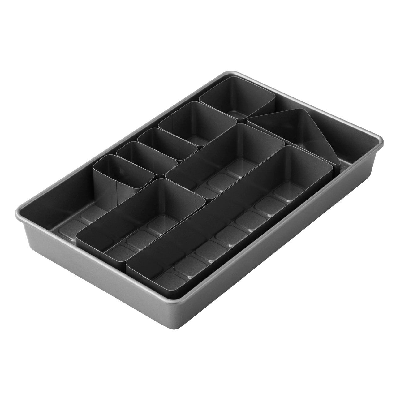 Cake pan with all 8 inserts arranged inside the pan, ready for batter.