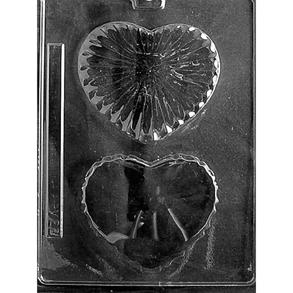 Clear Heart Candy Dish Chocolate Mold photographed against a black background with two heart-shaped cavities forming a lid and base, featuring faceted cut-glass style detailing.