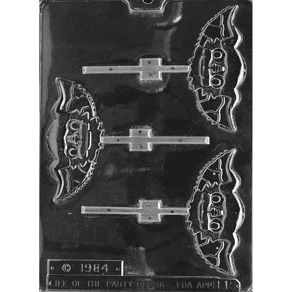 Clear Cute Gremlin Chocolate Lollipop Mold photographed against a black background with 3 playful gremlin character cavities featuring oversized ears, expressive faces, and built-in stick channels.