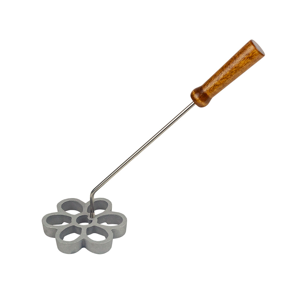 Medium daisy rosette mold attached to a metal rod with a wooden handle, ready for use in frying rosette cookies.