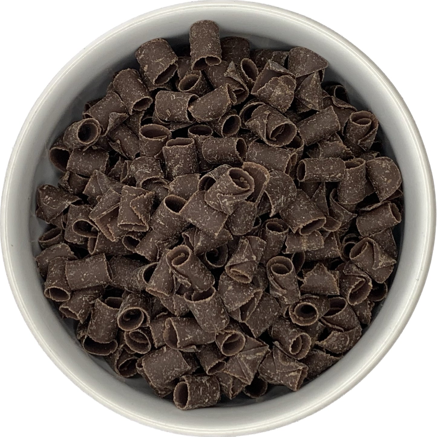 Bowl filled with dark chocolate curls, showing their rolled texture and rich chocolate color.