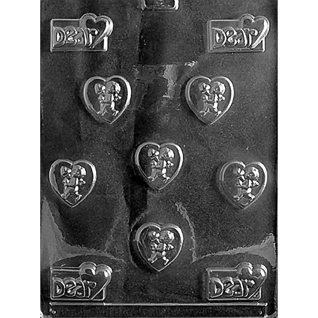 "Dear" and Cupid hearts chocolate mold with Cupid couple heart cavities and decorative Dear heart designs
