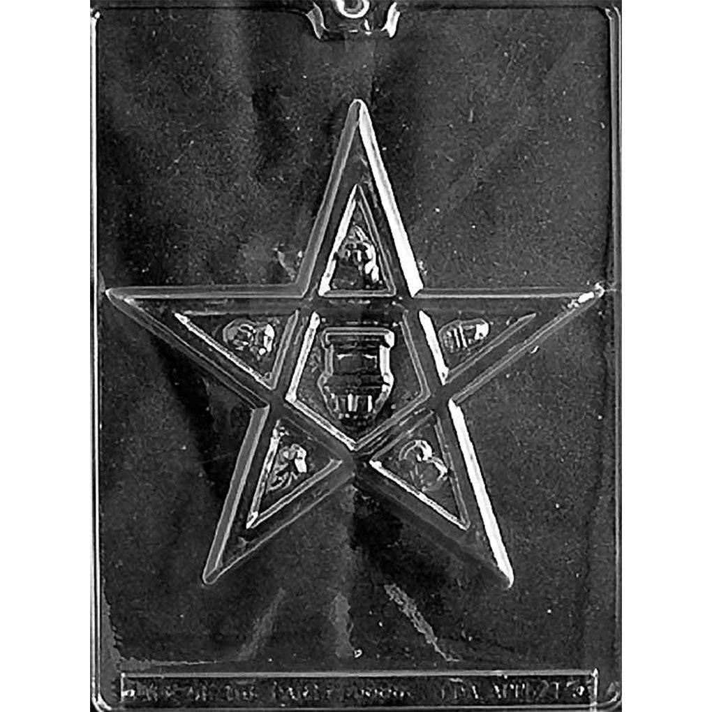 Clear plastic chocolate mold with one large five-point star cavity featuring raised geometric sections and small Eastern Star symbols inside the star.