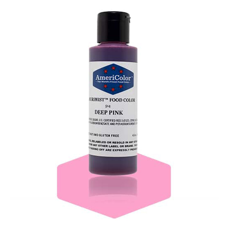 AmeriMist Deep Pink airbrush food coloring bottle, 4.5 oz, shown with swatch of pink color underneath for reference.