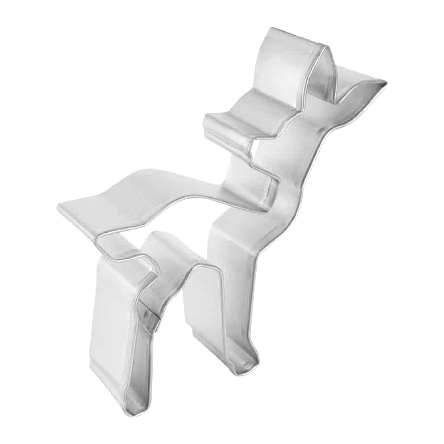 Angled view of deer fawn cookie cutter showing its raised sides and detailed shape.