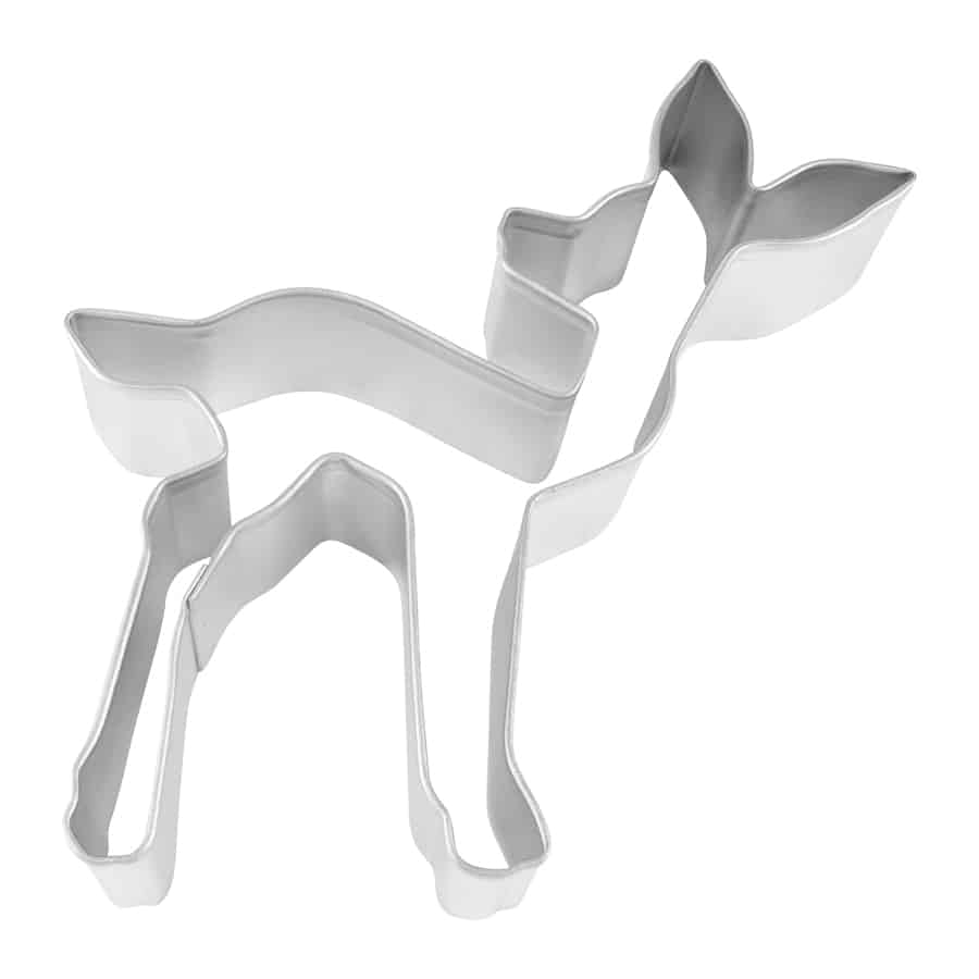 Deer fawn cookie cutter in silver metal, shaped with long legs, pointed ears, and a raised tail.