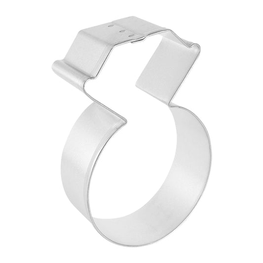 Side view of a diamond ring cookie cutter, showing its sturdy metal build and clean-cut design.