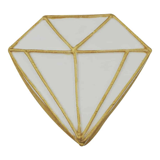 Elegant diamond-shaped cookie decorated with white icing and gold geometric details, perfect for weddings and celebrations.