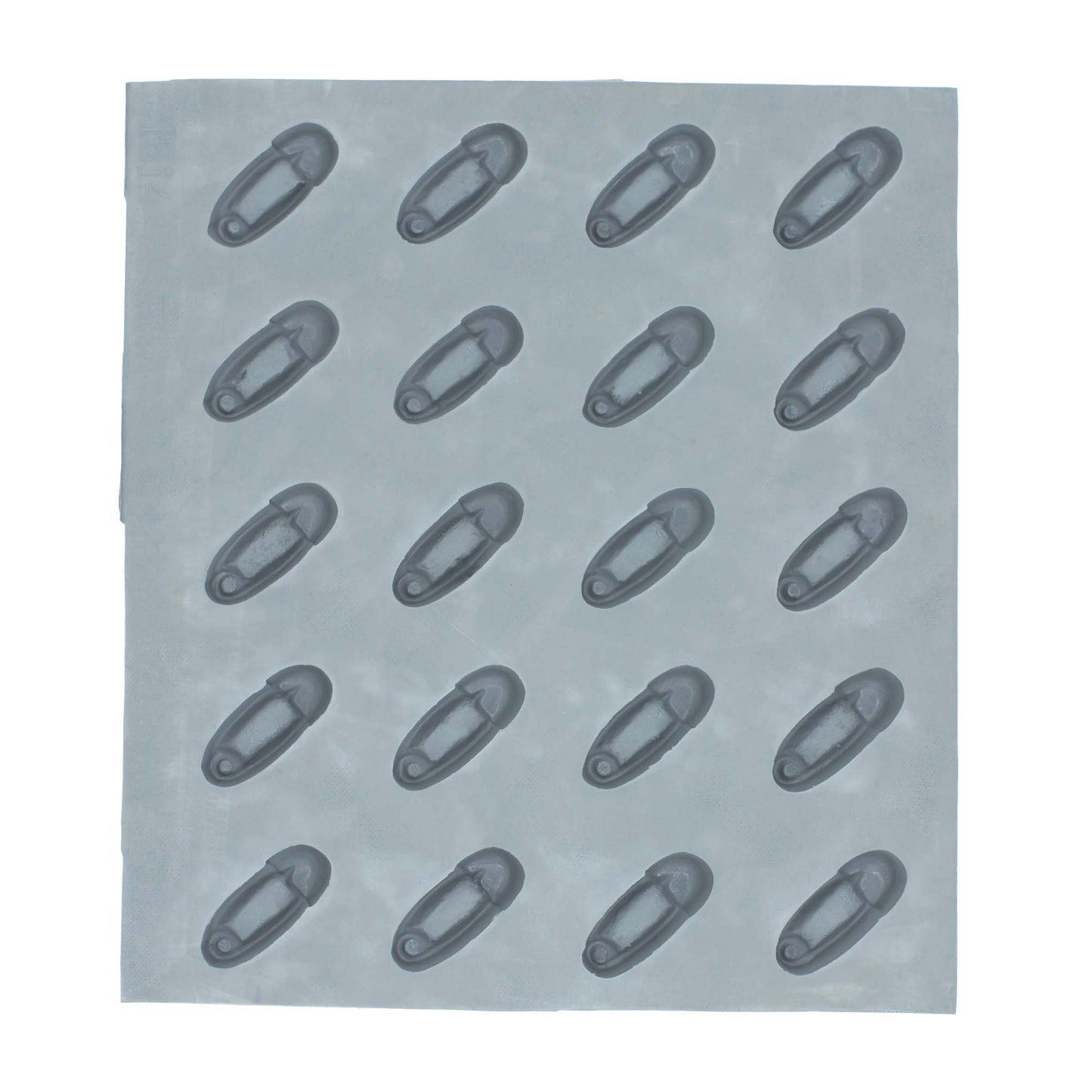 Full sheet of 20 diaper pin-shaped cavities in a natural rubber mold, perfect for baby shower treats and crafts.