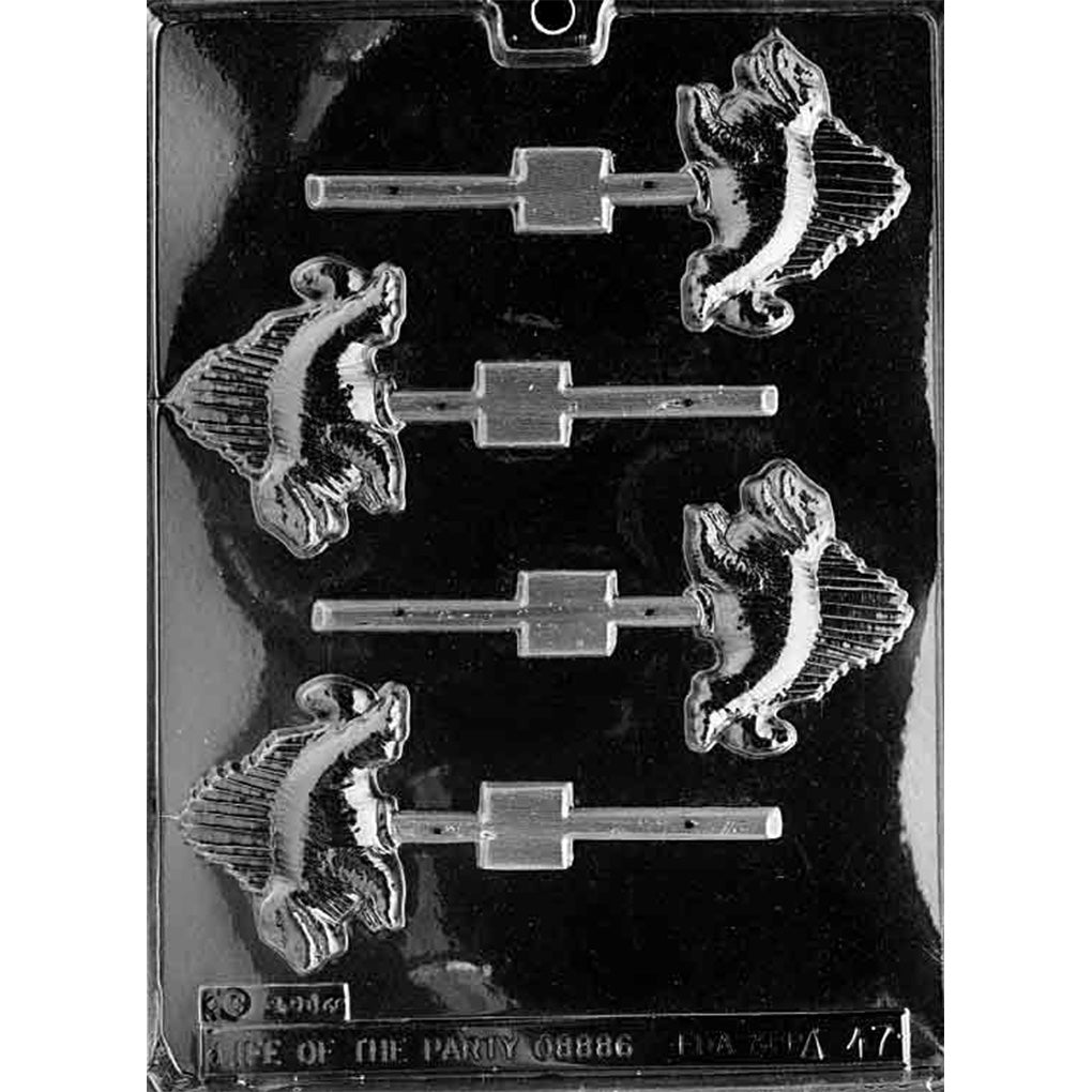 Clear plastic chocolate lollipop mold with four detailed Dimetrodon cavities featuring curved bodies, sturdy legs, striped back sails, and stick channels.