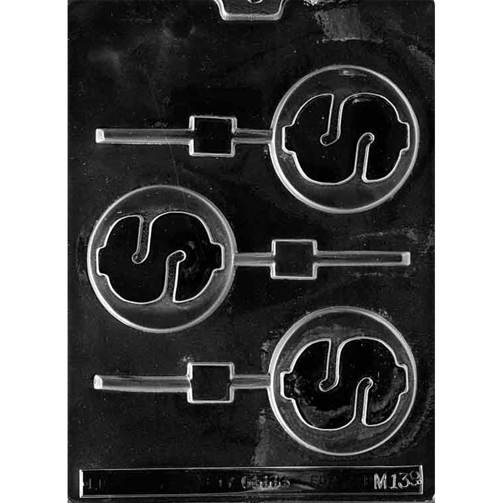 Clear plastic Dollar Sign Chocolate Lollipop Mold with three round coin-style cavities featuring bold dollar symbols and built-in stick channels
