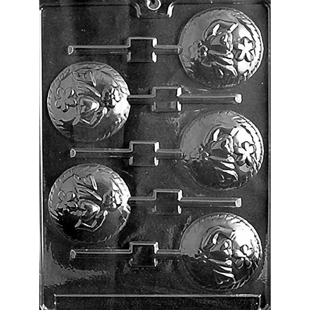 LOVE domed chocolate lollipop mold with five round cavities, heart-shaped O, heart accents, twisted border, and stick channels