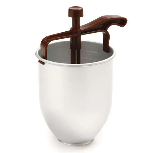 Empty aluminum donut dispenser with maroon handle and plunger visible