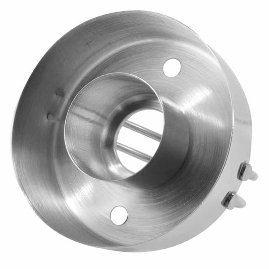 Bottom view of stainless steel donut and biscuit cutter showing the circular cutting rim and holes for efficient cutting.