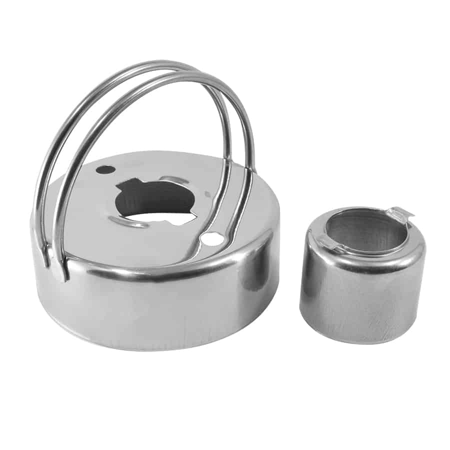 Stainless steel donut and biscuit cutter with removable center piece shown separately, featuring arched handles for comfortable cutting, 2.75 inches in diameter.