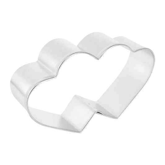 Side-angle view of a metal double heart cookie cutter showing its depth and shape.