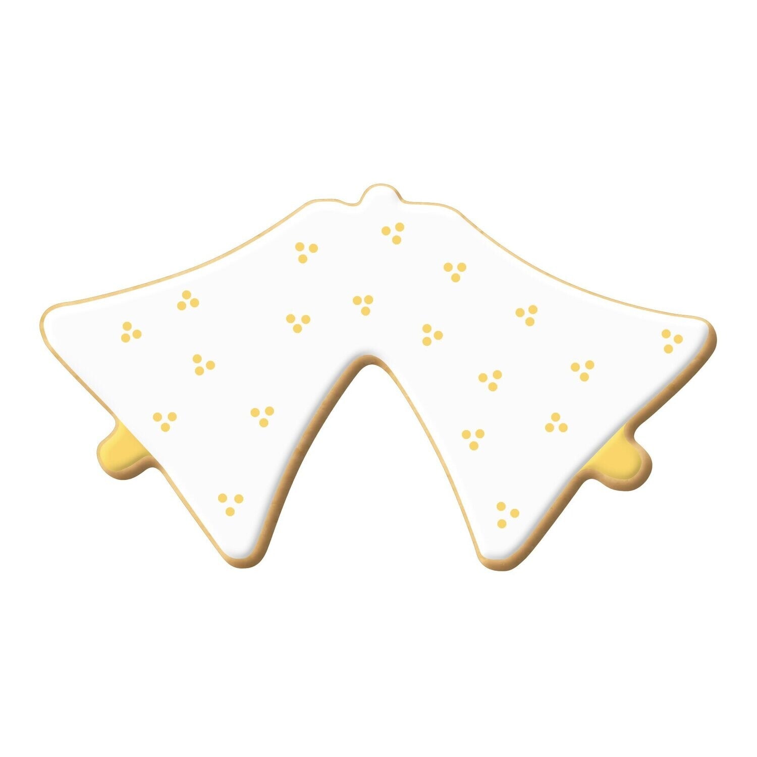 Decorated cookie shaped like double bells, covered in white icing with gold dot details.
