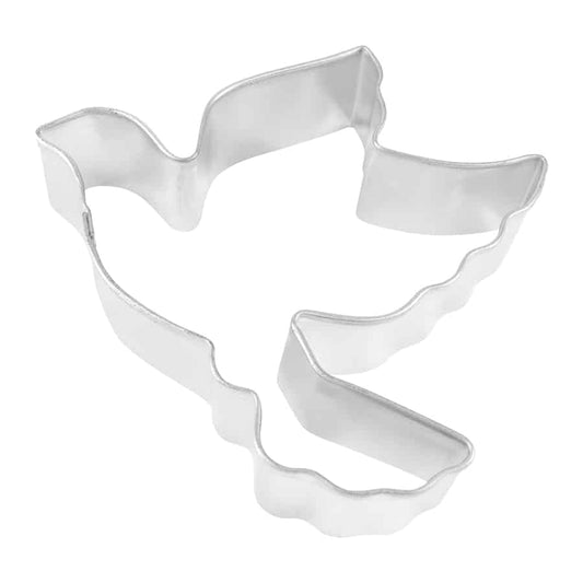 A silver metal dove-shaped cookie cutter with intricate wavy edges, designed to create a detailed flying dove shape, displayed against a white background.
