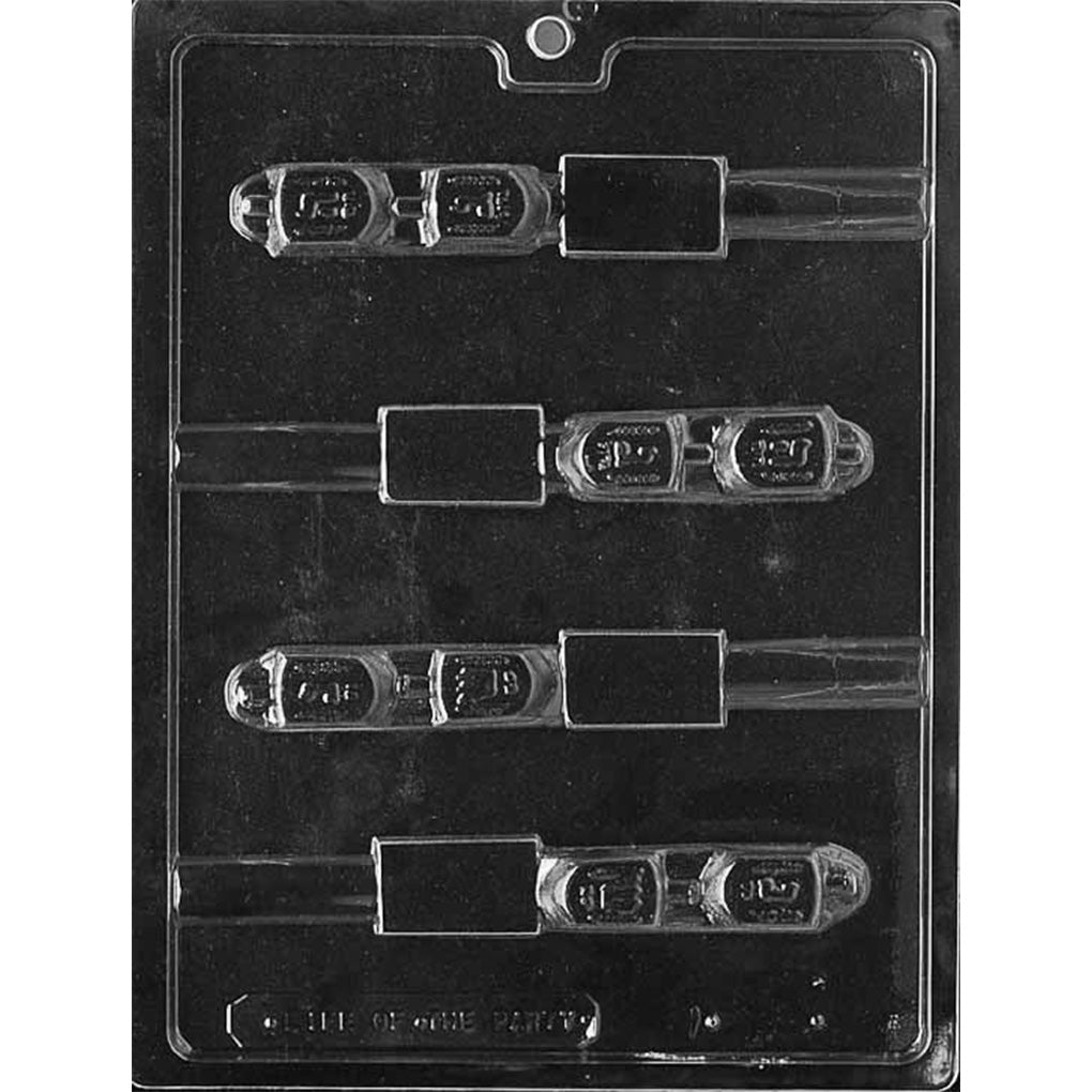 Clear chocolate mold with four horizontal dreidel-shaped cavities designed to fit pretzel rods, each featuring raised details and a rectangular section for the rod connection.