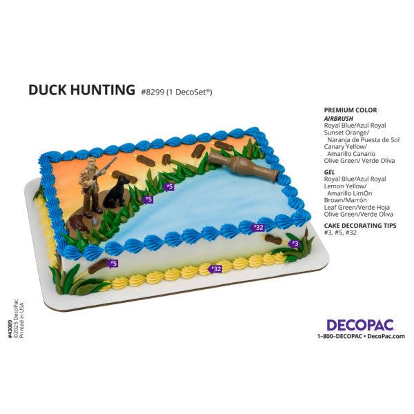 Reference guide image showing duck hunting cake design using DecoPac colors and piping tips.