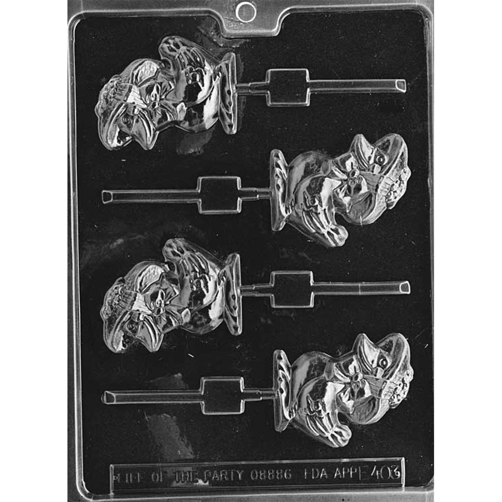 Clear plastic chocolate lollipop mold with four cavities shaped like a duckling wearing a bonnet with a bow under the chin, each duck perched on a small base and connected to a stick channel on a dark background.