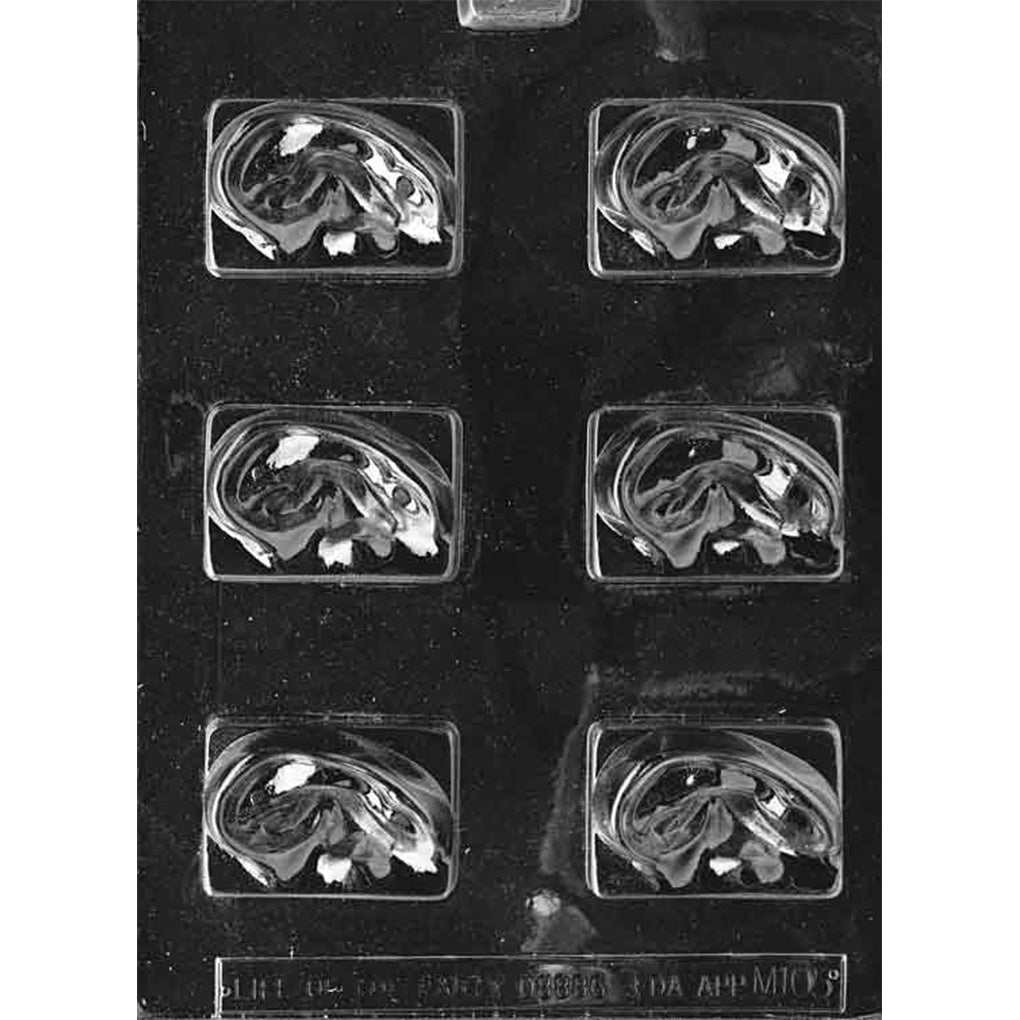 Clear plastic chocolate mold photographed on a dark background with six rectangular cavities, each forming a realistic ear shape with curved outer rim and inner ear folds.