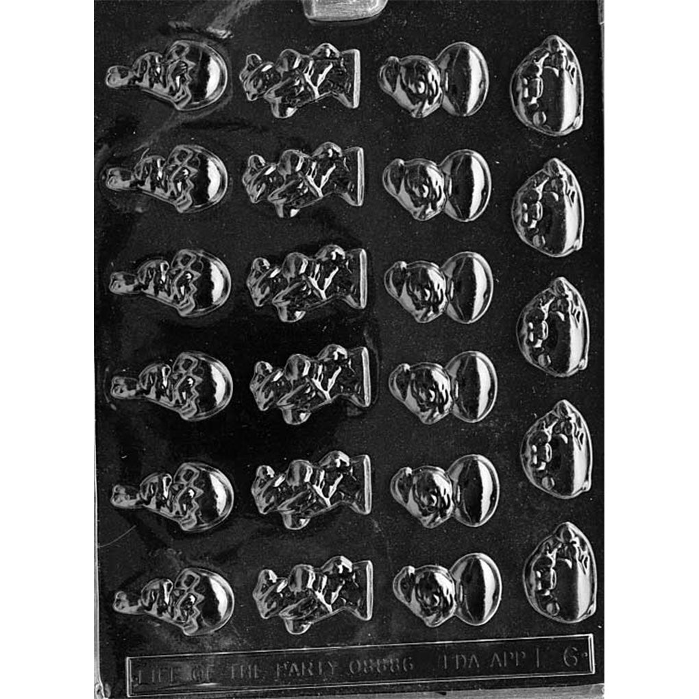 Clear plastic Easter assortment chocolate mold shown on a black background with multiple small cavities, featuring a rooster, a bunny hatching from an egg, a chick perched on an egg, and a bunny holding a hatching egg.