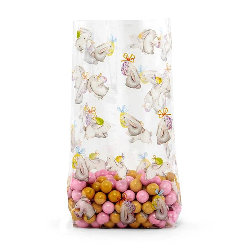 Medium clear cello treat bag with Easter bunny and egg print, shown filled with pink and gold candies.