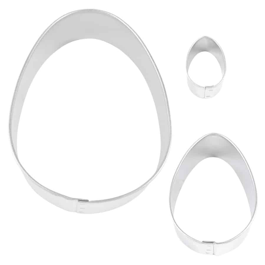 Three silver egg-shaped cookie cutters in different sizes displayed on a white background.